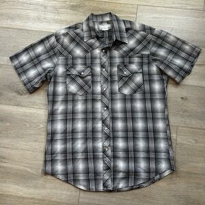 Wrangler Wrancher Shirt Mens Medium Western Pearl Snap Black‎ Plaid Short Sleeve